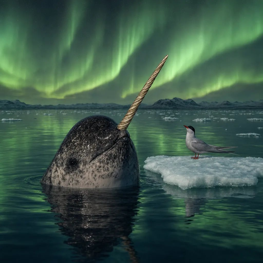 A small Arctic tern on an ice floe tilting its head at the narwhal's tusk