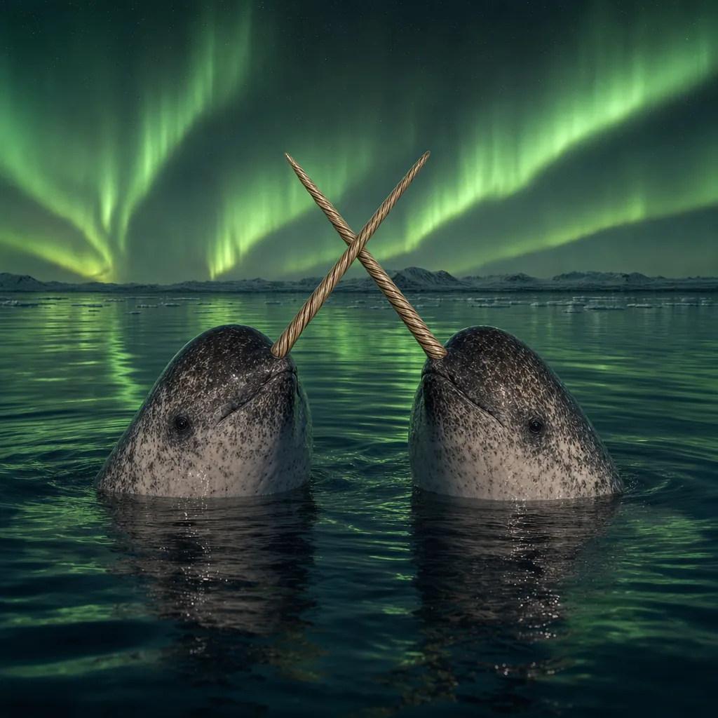 Two narwhals with their long spiral tusks gently crossed above the water